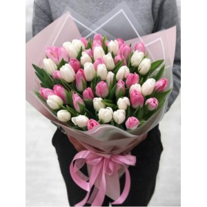 Большой букет бело-розовых  тюльпанов